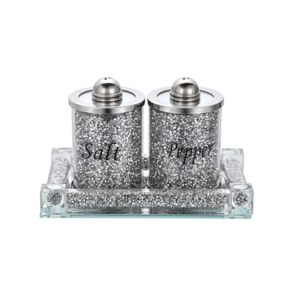 Crushed Diamond Salt and Pepper Shakers With Tray - Picture 2 of 5